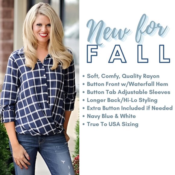 NEW NWT Womens Navy Blue Striped Plaid Button Up Lightweight Blouse Top LG or SM - Picture 4 of 6